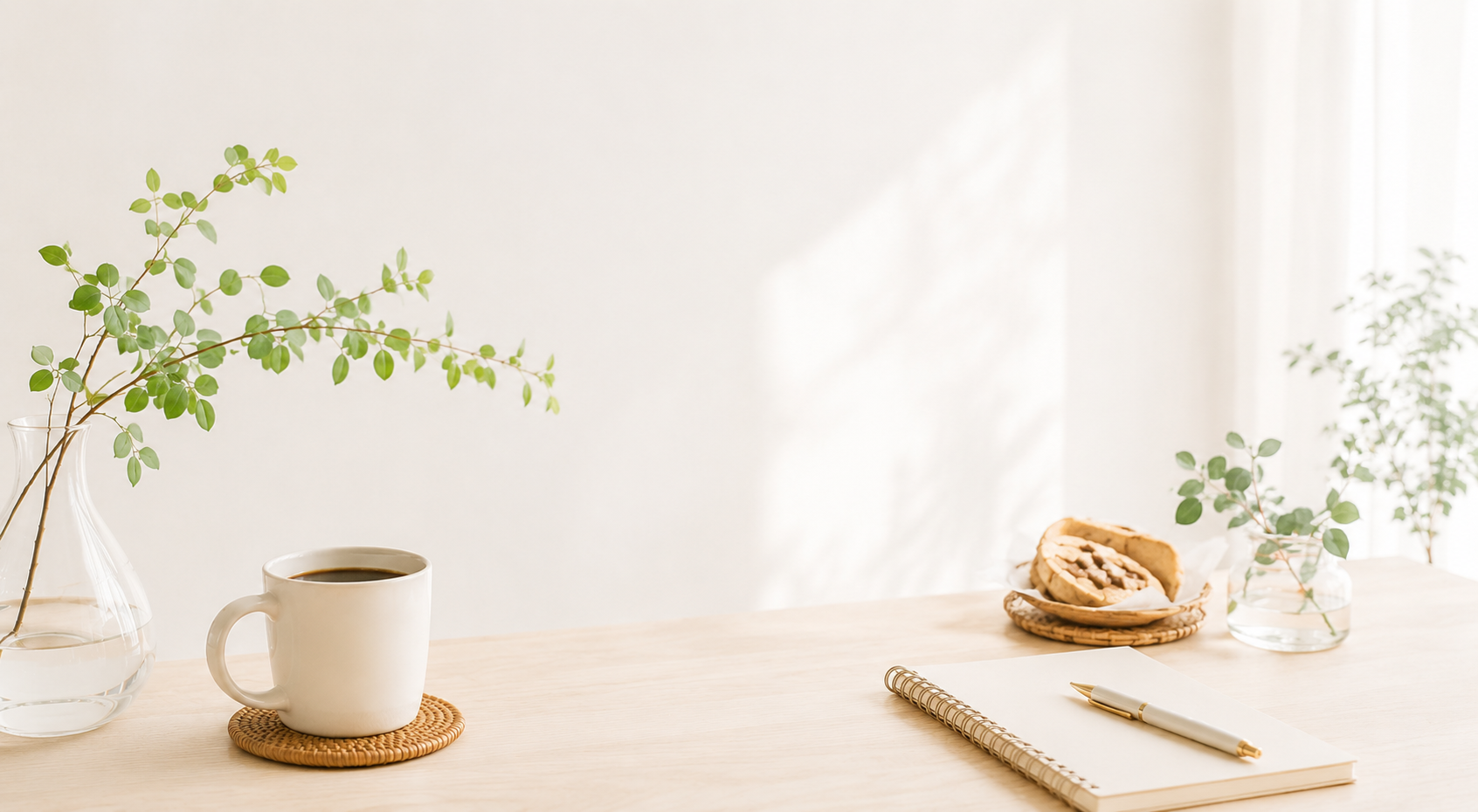 コーヒーと観葉植物のある机